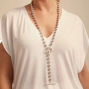 NWT Uno De 50 Statement Long ball Beaded Necklace Toggle Bar Ring + Charm Silver